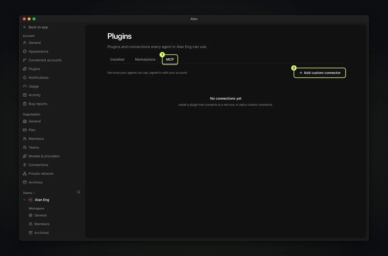 The team Plugins page on the MCP tab: Services your agents can use, signed in with your account, an empty state reading No connections yet, and an Add custom connector button.