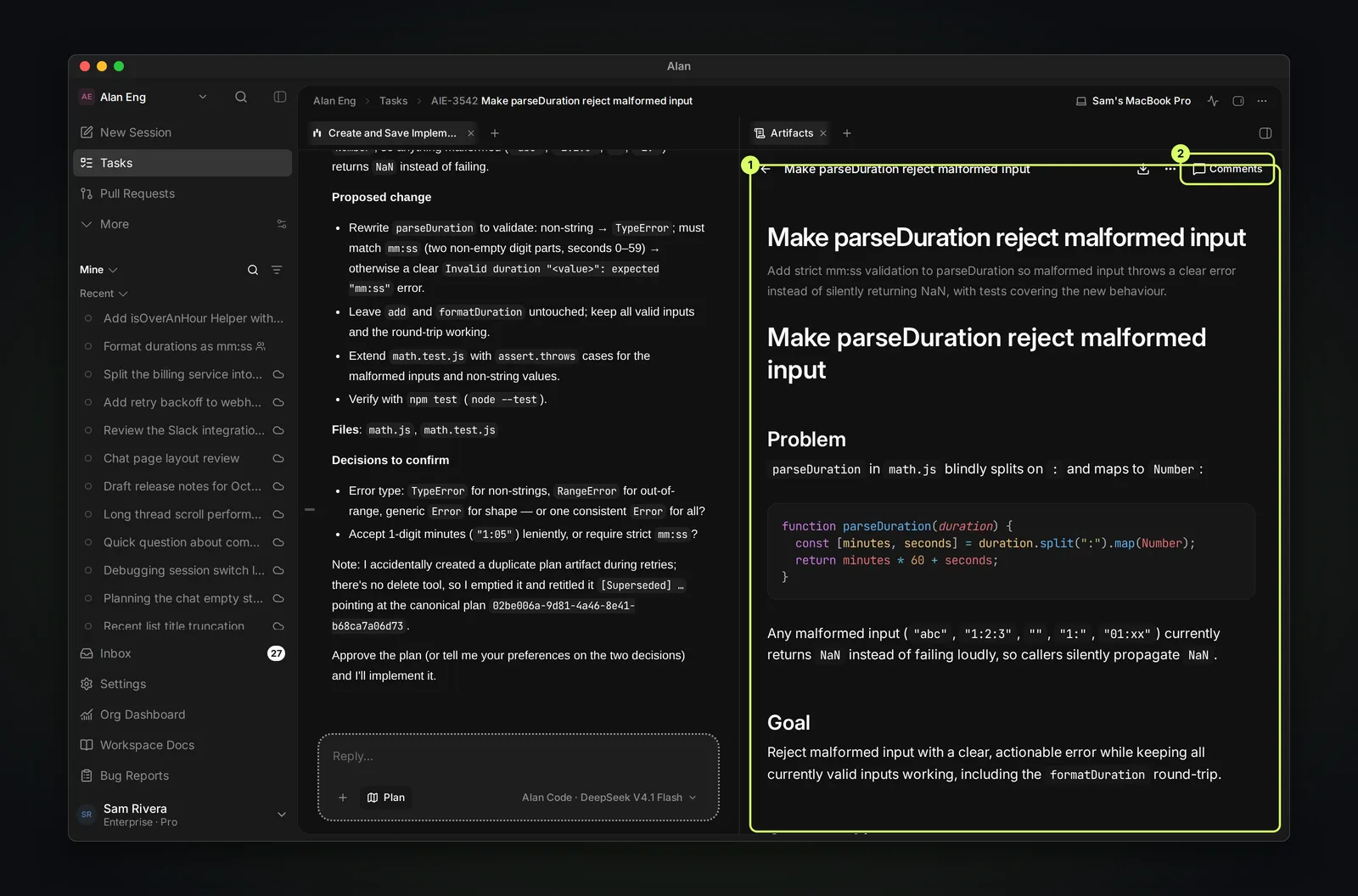 A task page with the Artifacts panel open on a plan titled Make parseDuration reject malformed input, showing its outcome, current behaviour with a code block, and the change, with download, more actions and Comments controls.