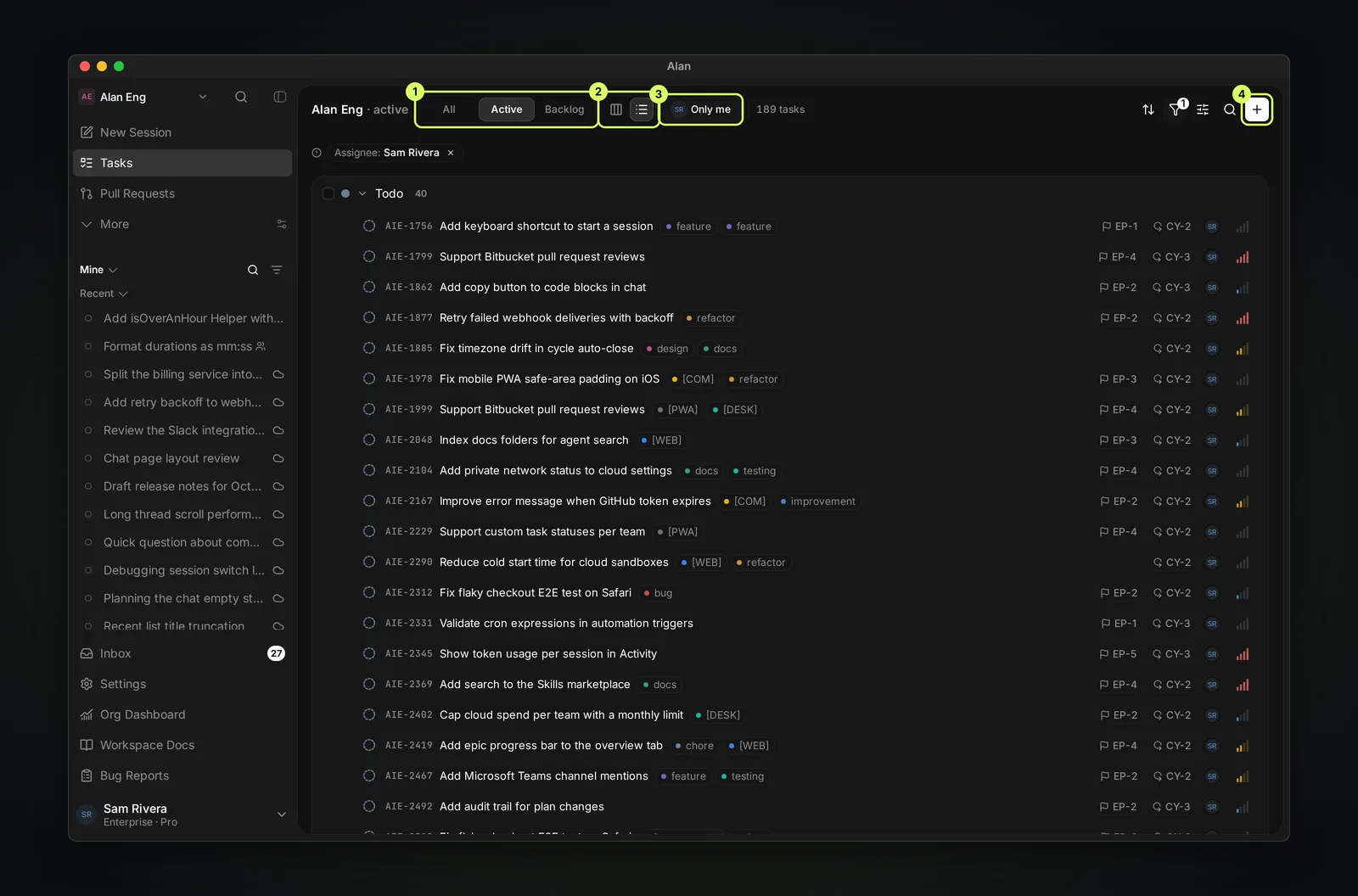 The Tasks page in list view, grouped by status, with the view switcher, board and list toggle, the Only me filter, and the New task button highlighted.