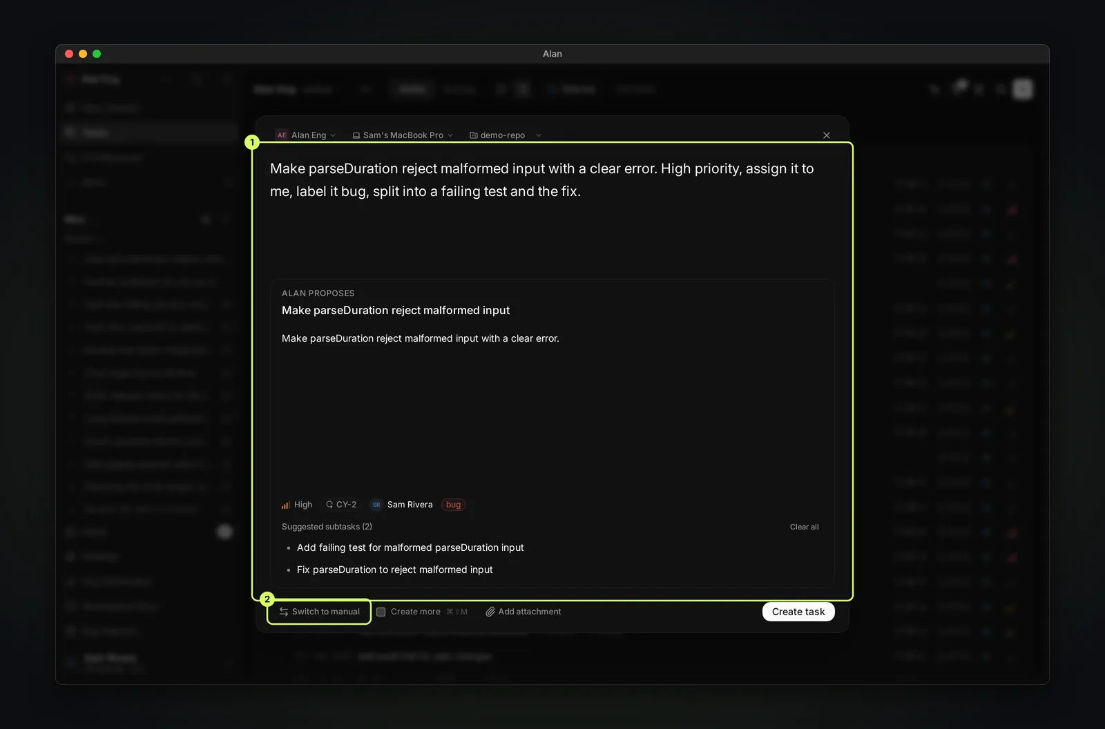 The create-task dialog in Agent mode. The request asks for high priority, the bug label and two subtasks; below it Alan proposes a title, description, High priority, cycle, assignee, bug label, and two suggested subtasks.