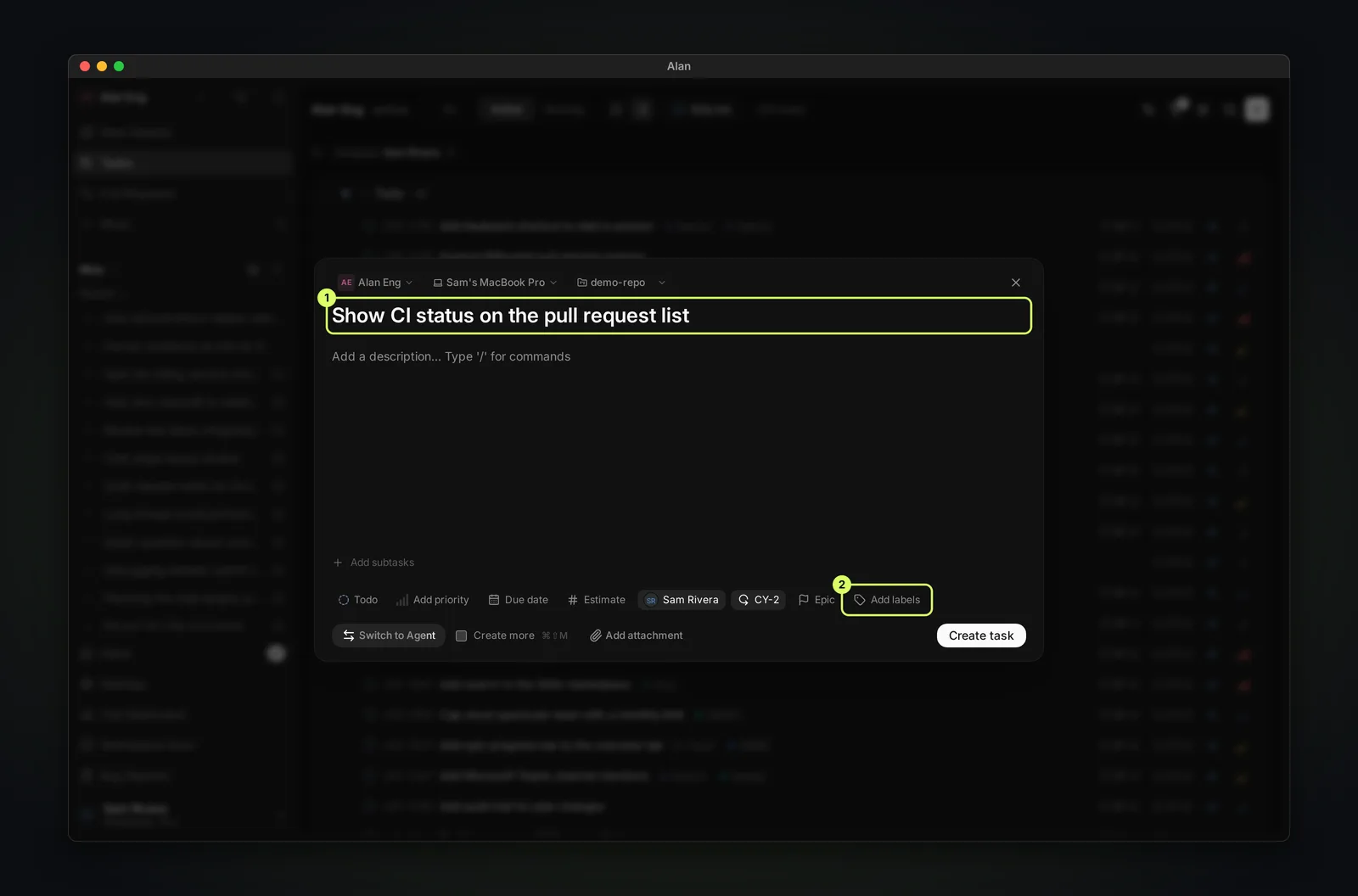 The create-task dialog in manual mode with the Task title field and the row of property chips: Todo, Add priority, Due date, Estimate, assignee, cycle, Epic, and Add labels.