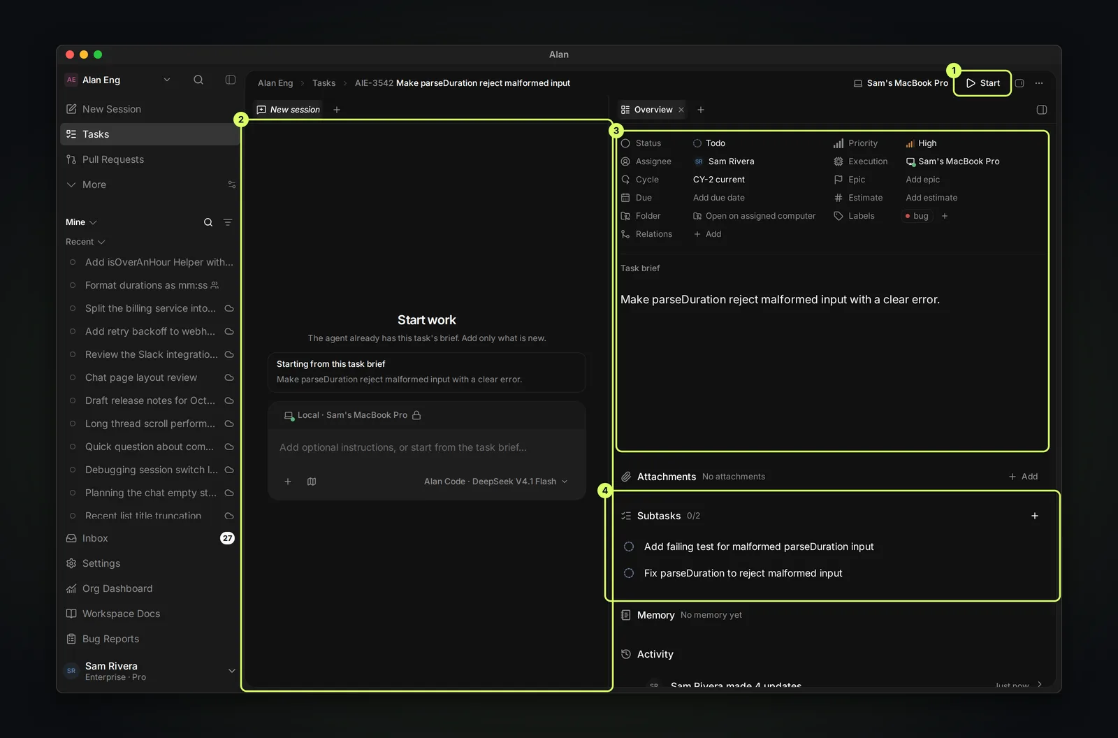 A task page with the Start button in the header, the Start work session composer on the left, and the Overview panel on the right showing status, assignee, cycle, priority, execution target, labels, the task brief, and two subtasks.