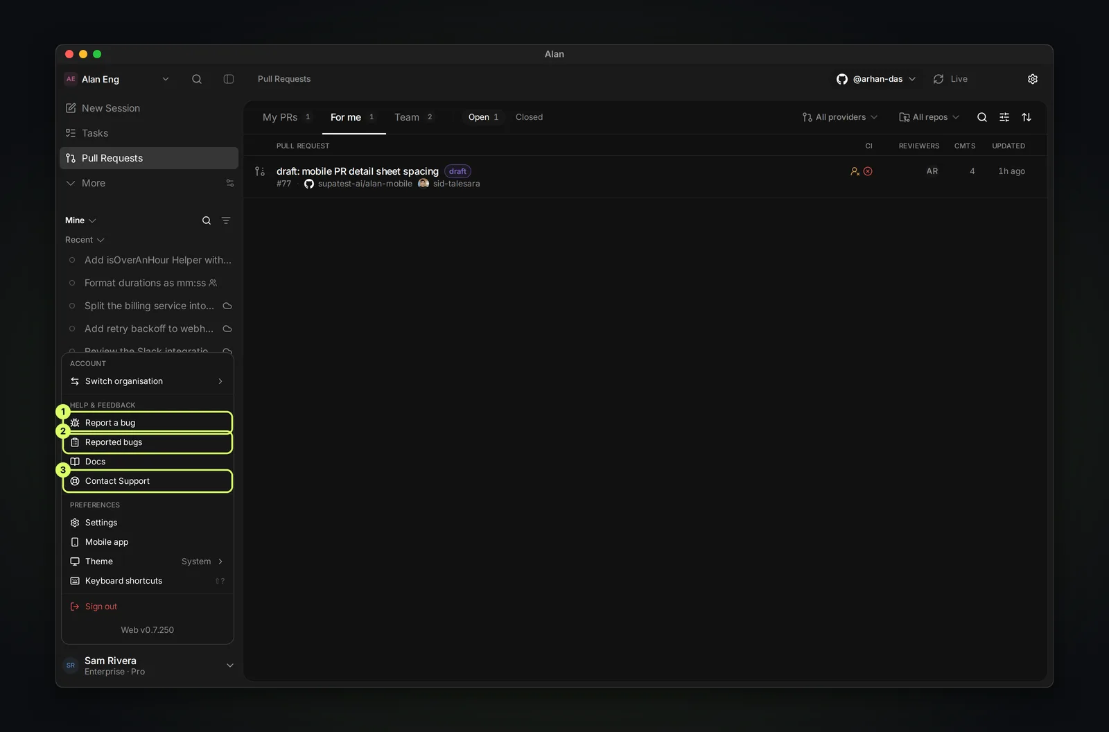 The account menu open from the bottom of the sidebar, with Switch organisation under Account, then Report a bug, Reported bugs, Docs, and Contact Support under Help and feedback, then Settings, Mobile app, Theme, Keyboard shortcuts, and Sign out.