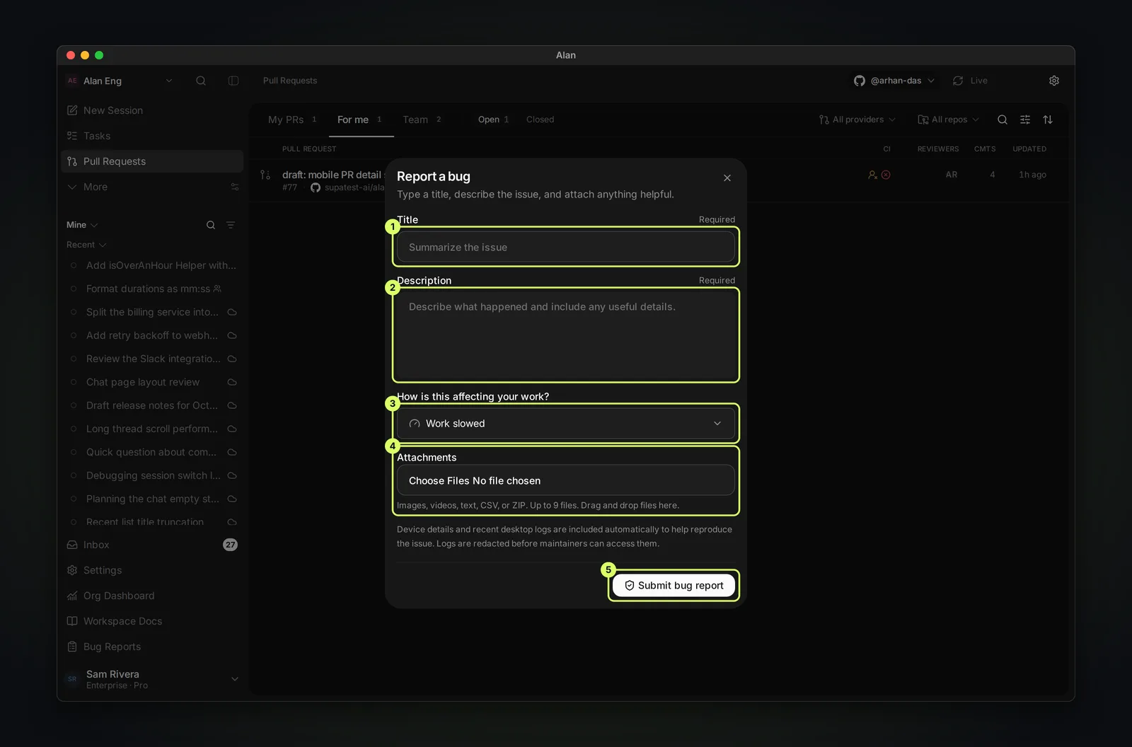 The Report a bug dialog over the Pull Requests page, with a required Title field, a required Description field, How is this affecting your work set to Work slowed, an Attachments file picker that accepts images, videos, text, CSV, or ZIP up to 9 files, and a Submit bug report button.